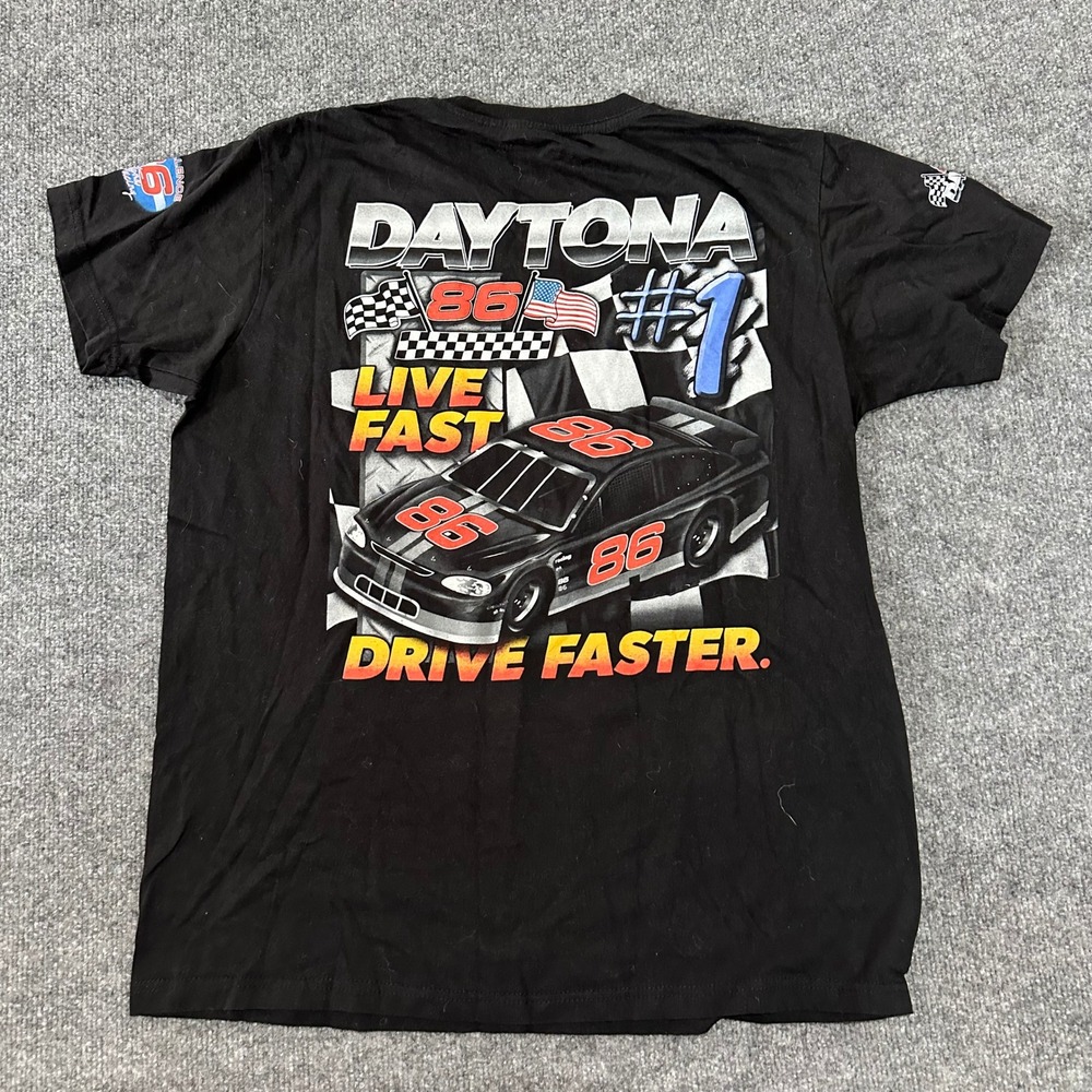 Thrift Shop Exchange T-Shirt Mens Size L Black Daytona Racing Graphic Live Fast